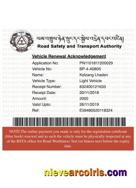 Bhutan vehicle registration certificate